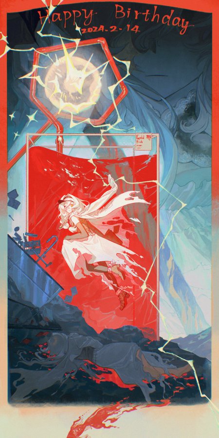 this is a digital illustration of a birthday card. it features a red background with a stylized white and blue background. there is a red banner on the background with a person holding a birthday cake in it. there are lightning bolts all around the banner with a yellow sun above the banner. the words "happy birthday" are on top of the illustration.