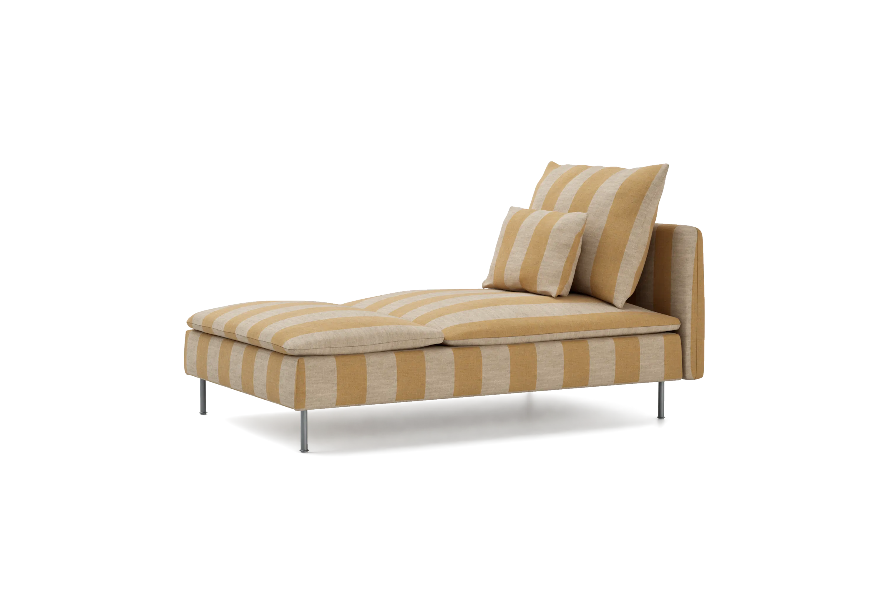 a studio shot shows a chaise lounge with a striped pattern of beige and light brown stripes. the chaise lounge is adorned with two cushions, also featuring the same striped design. it has a contemporary look with sleek legs, presented against a black background, emphasizing its form and design. the furniture evokes a sense of relaxation and comfort.
