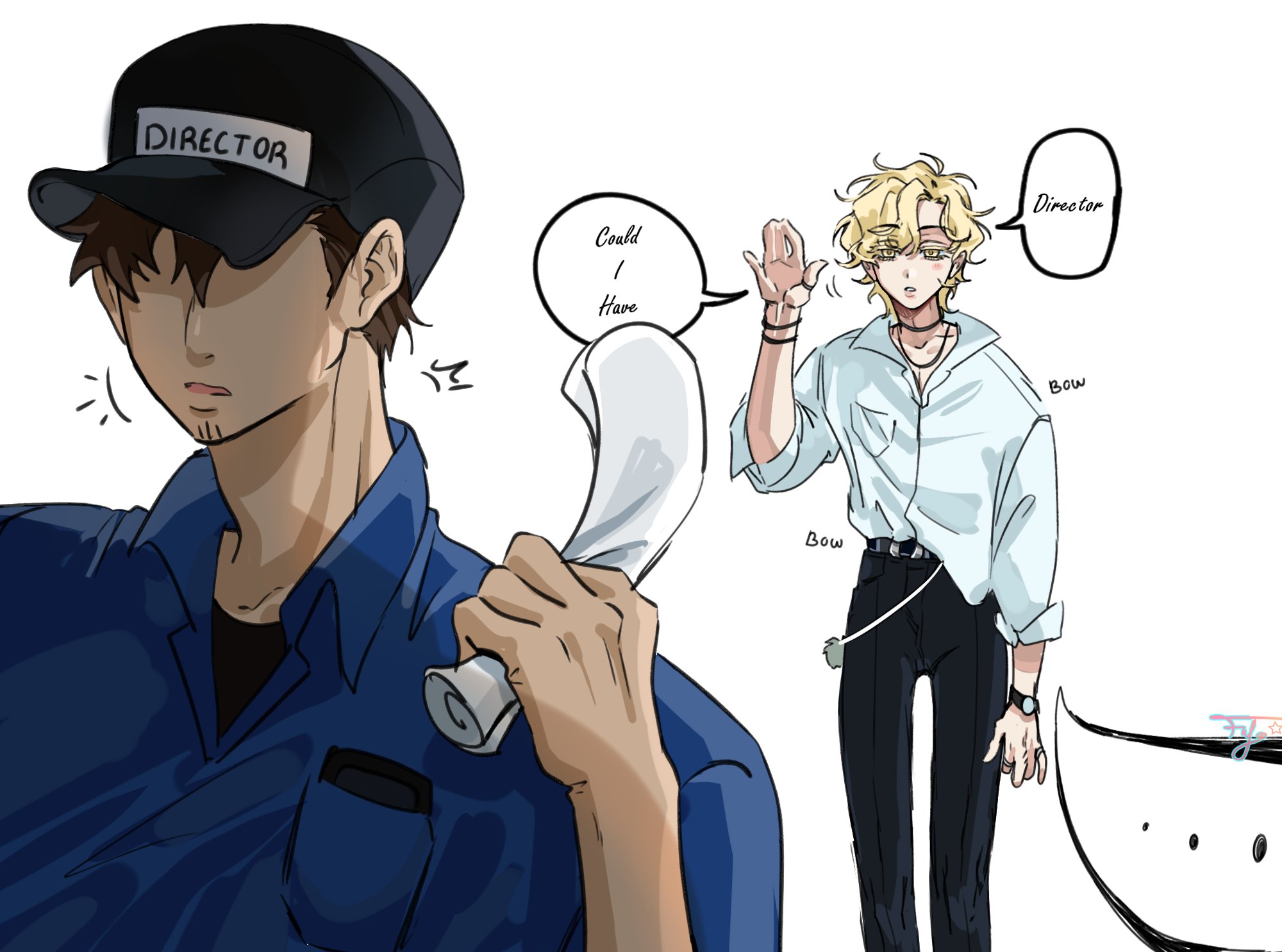 he image is a digital drawing featuring two male characters. one character is dressed in a dark blue director's uniform and cap, holding a piece of rolledup paper. the other character is dressed in a light blue, loosefitting shirt and black pants, and he is bowing.  speech bubbles show the interaction between them; the character in the uniform is asking something, possibly "could i have...". the style is reminiscent of anime or manga. the image is clean and welldrawn, with a focus on the characters' expressions and interactions. the background is plain white.