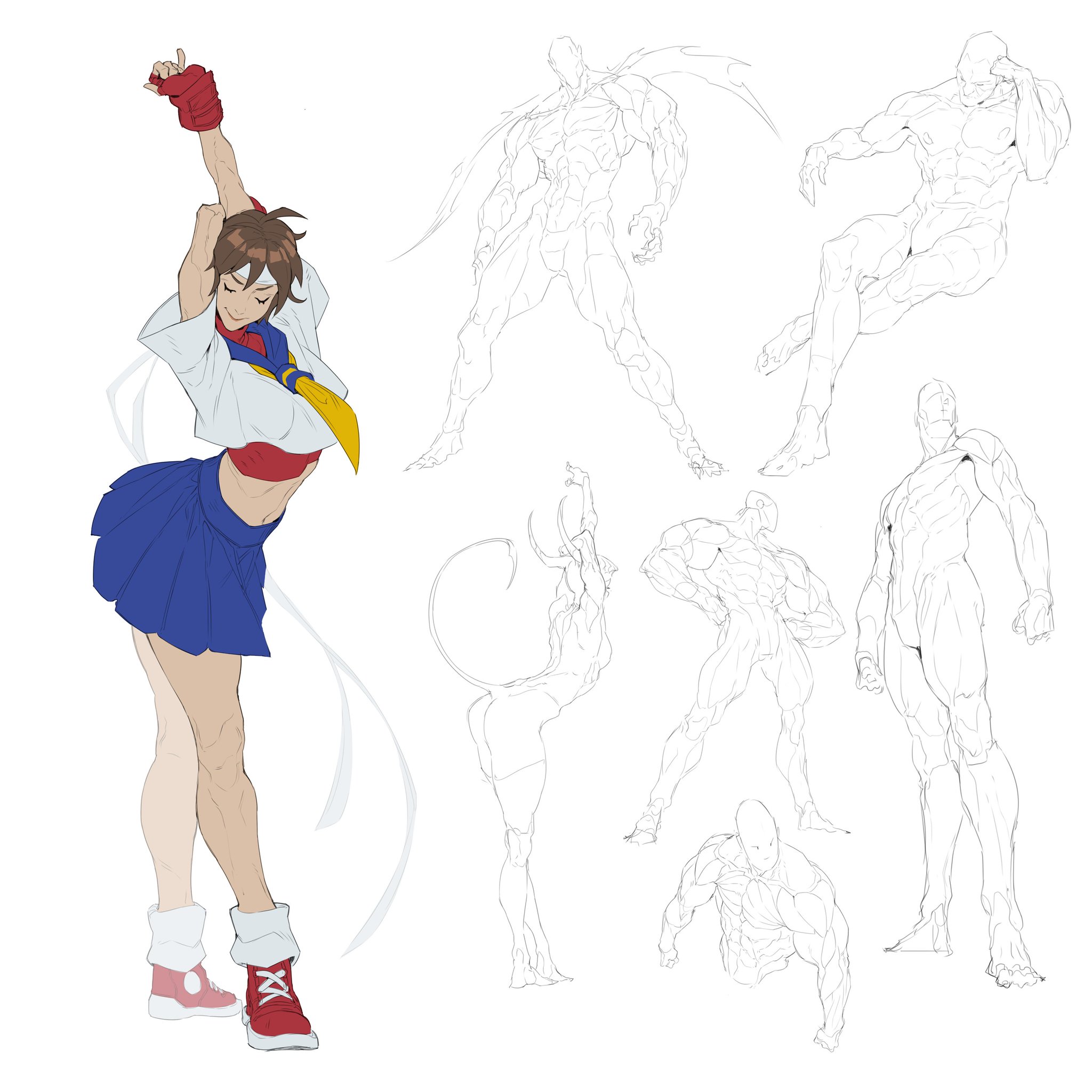the image shows a digital painting of a female character in a fighting game style, along with several anatomical studies of male figures in various poses. the female character is depicted in a dynamic pose, showcasing her athletic build and attire. the anatomical studies provide a reference for the artist to depict the musculature and form of the human body, helping to achieve a realistic and believable character design. the overall style of the image is a blend of anime and manga influences, with a focus on dynamic action and expressive character design.