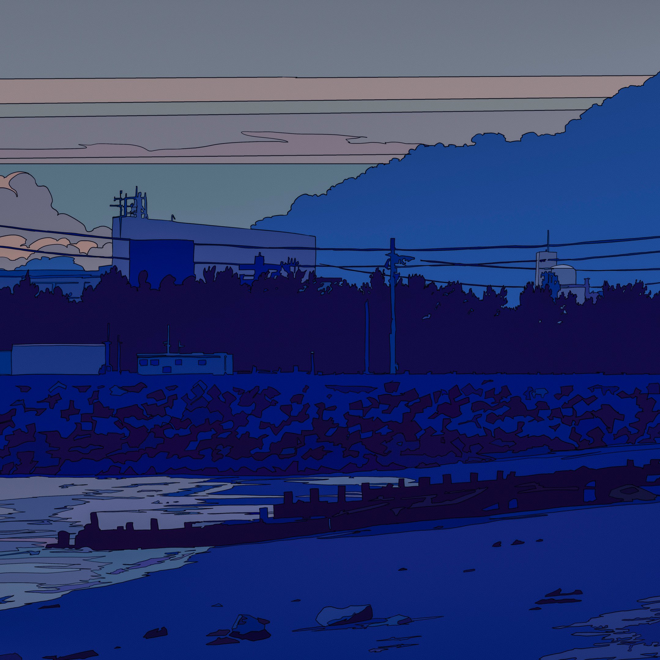 the image is a stylized illustration or graphic rendering of a coastal industrial area at twilight or dusk.  the color palette is predominantly dark blues and purples, creating a moody atmosphere. the scene is silhouetted, with dark trees and buildings against a twilight sky showing hints of pink and orange. power lines traverse the scene. a seawall or embankment separates the land from a dark, calm body of water. the beach is partially visible in the foreground. the overall style suggests a graphic novel or similar artistic medium.  the style has a slightly japanese aesthetic to it.