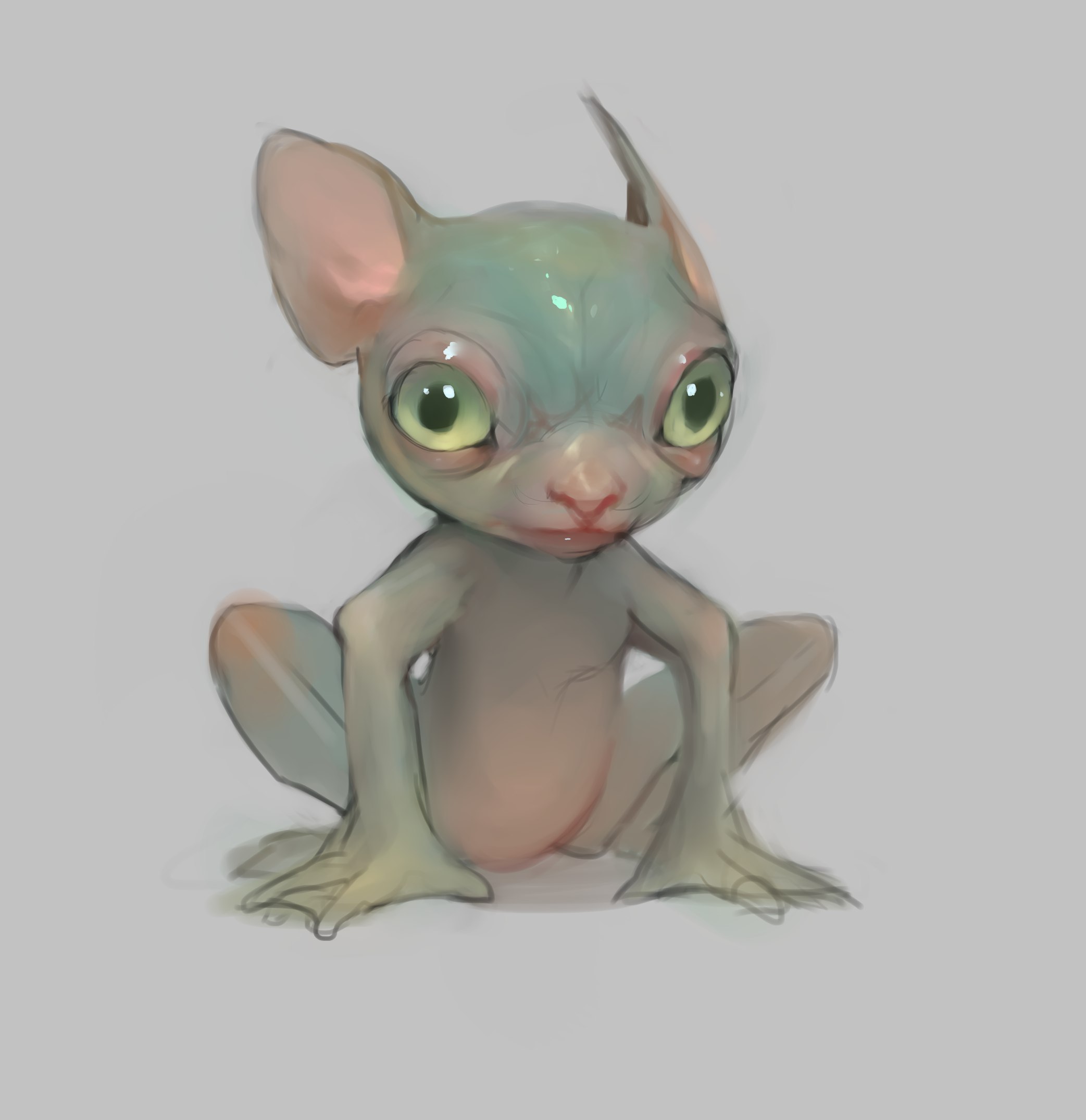 a small, fantastical creature resembling a hairless cat with froglike features. it has large, forwardfacing green eyes, a small pink nose, and long, slender limbs. the creature is depicted sitting on the ground, its body slightly hunched forward. the overall color palette is muted, with shades of gray, green, and pink dominating. the lighting is soft and diffused, giving the image a dreamlike quality.