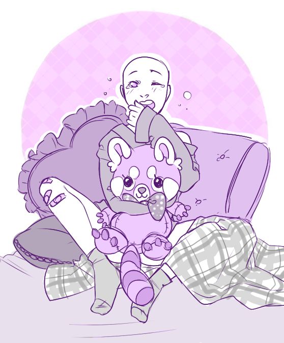 this is a cartoon illustration of a young girl hugging a red panda plush toy while sitting on a bed with a blanket. the girl is smiling and appears to be very happy. she is wearing pajamas and has a red panda plush toy. the red panda plush toy is wearing a red bow and has a pink nose. the girl is sitting on a bed that has a plaid blanket and pillow. the background is a soft pink color.