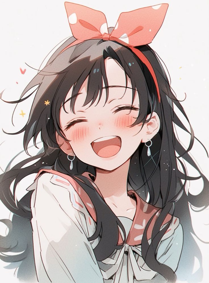 the image is a digital drawing or painting of an animestyle girl. she has long, dark hair, a red polkadotted bow in her hair, and is wearing what appears to be a school uniform or a similar outfit with light pastelcolored clothing. her cheeks are rosy, and she has a wide, open, joyful smile. the overall style is soft, cute, and "kawaii," common in many forms of japanese animation and illustration.  the background is simple and offwhite, focusing attention on the character.  the artist has employed a soft and slightly blurred style in the rendering.