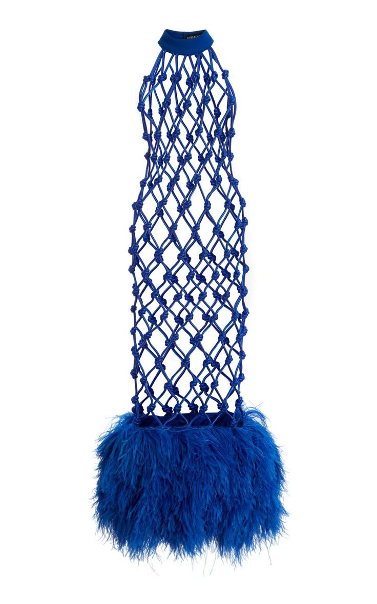 a kneelength blue dress with a halter neck, sleeveless design, and a netlike knitted structure, adorned with feathers at the bottom.