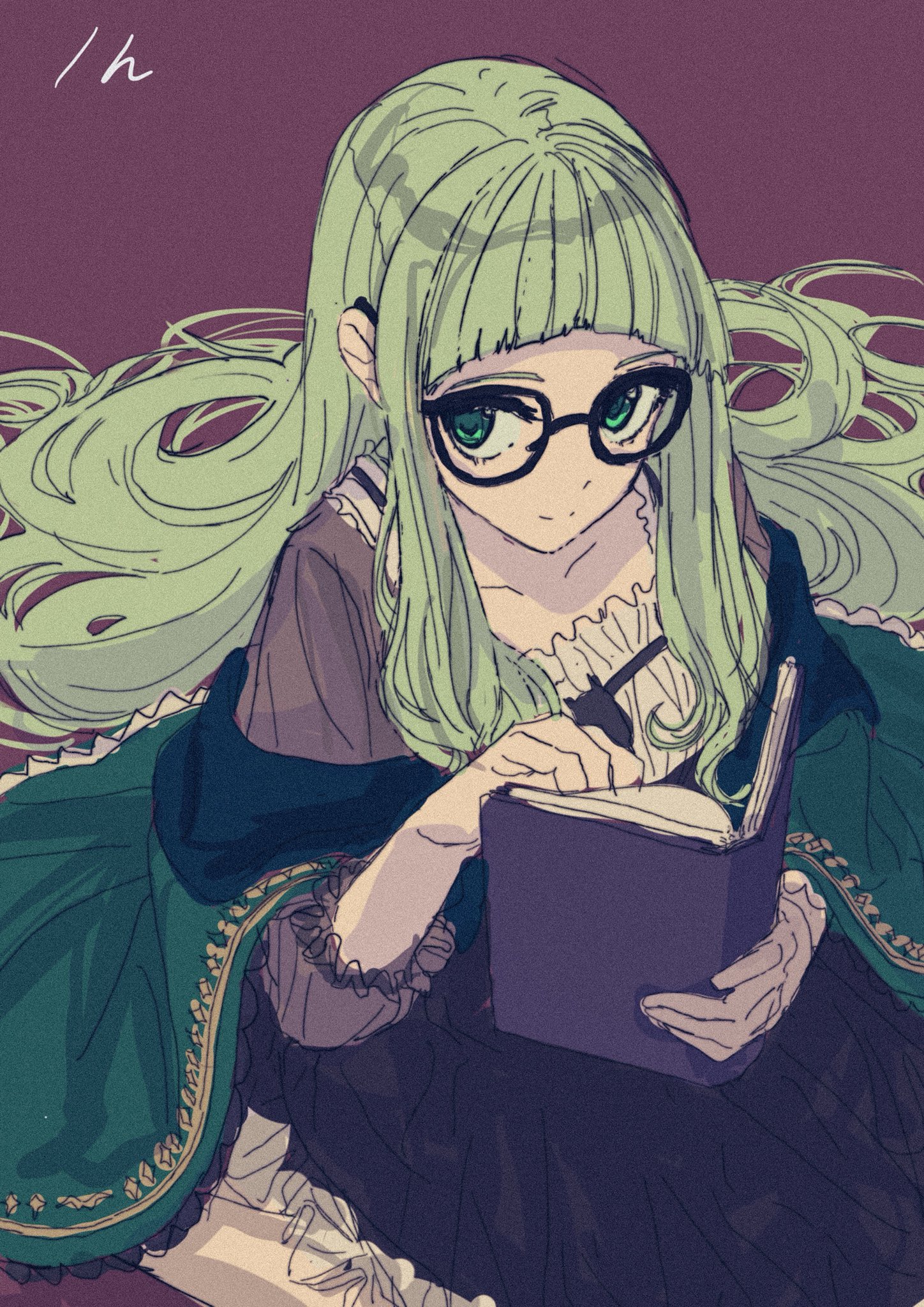 the image depicts a stylized anime or mangastyle girl with long, flowing pale green hair. she wears glasses and is dressed in an elegant, dark green dress with gold accents and lace details. she is seated, engrossed in reading a dark purple book. the art style is detailed and somewhat painterly, with visible brushstrokes. the background is a muted dark purple. the overall mood is calm and somewhat mysterious.