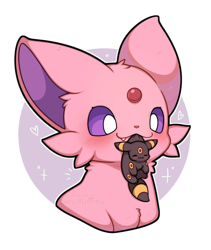 the image is a digital drawing of a chibistyle clefable (a pokémon) gently holding a smaller cleffa (clefable's baby form) in its mouth. the clefable is depicted in a soft pink color with purple inner ears and bright purple eyes. the cleffa is dark purple and yellow.  the style is very cute and kawaii, with blush on the clefable's cheeks and hearts in the background. the background is a simple light purple circle. the artist's name, seviyumimy, is subtly included in the artwork.  the overall mood is warm, affectionate, and playful.