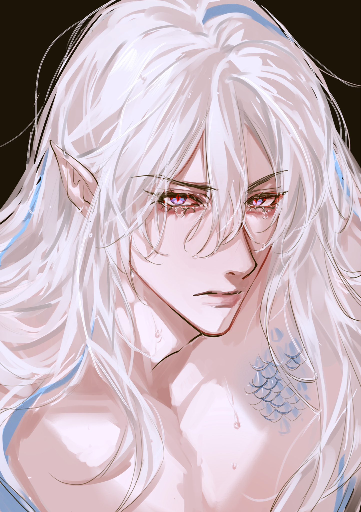 a closeup portrait of an anime boy with long white hair and elf ears. he is crying and looks sad. he has blue scales on his shoulder, suggesting he might be a mermaid.  the artwork is digital and the background is black.