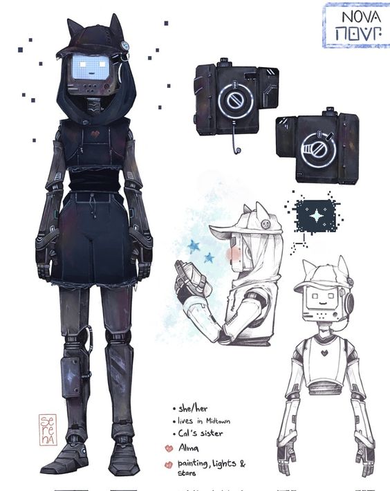 a character design sheet for a character named nova. nova is a robot with a square head and a heart on her chest. she is wearing a black hoodie and hat with cat ears. nova has a sister named cal and she likes painting, lights, and stars.