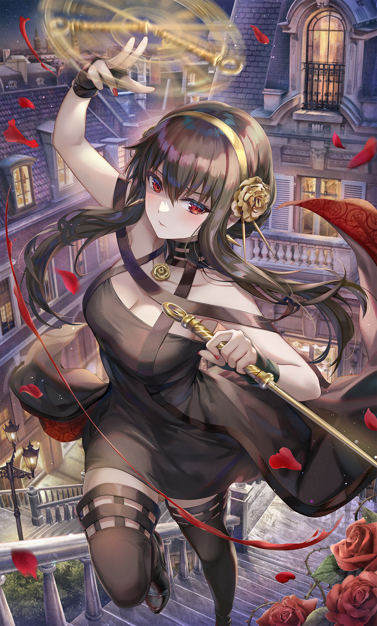 the image showcases a captivating animestyle illustration of a young woman. she possesses long, dark brown hair, striking red eyes, and is dressed in an elegant, darkcolored dress that hints at a gothic lolita style.  she's holding an ornate staff or keylike object, seemingly magical in nature, with a swirling golden light emanating from it.  roses and their scattered petals are falling around her, adding to the romantic yet mysterious atmosphere. the backdrop features a detailed cityscape at night, with the woman positioned on a staircase that leads down into the city below. the overall aesthetic is a blend of fantasy, magic, and gothic elements.