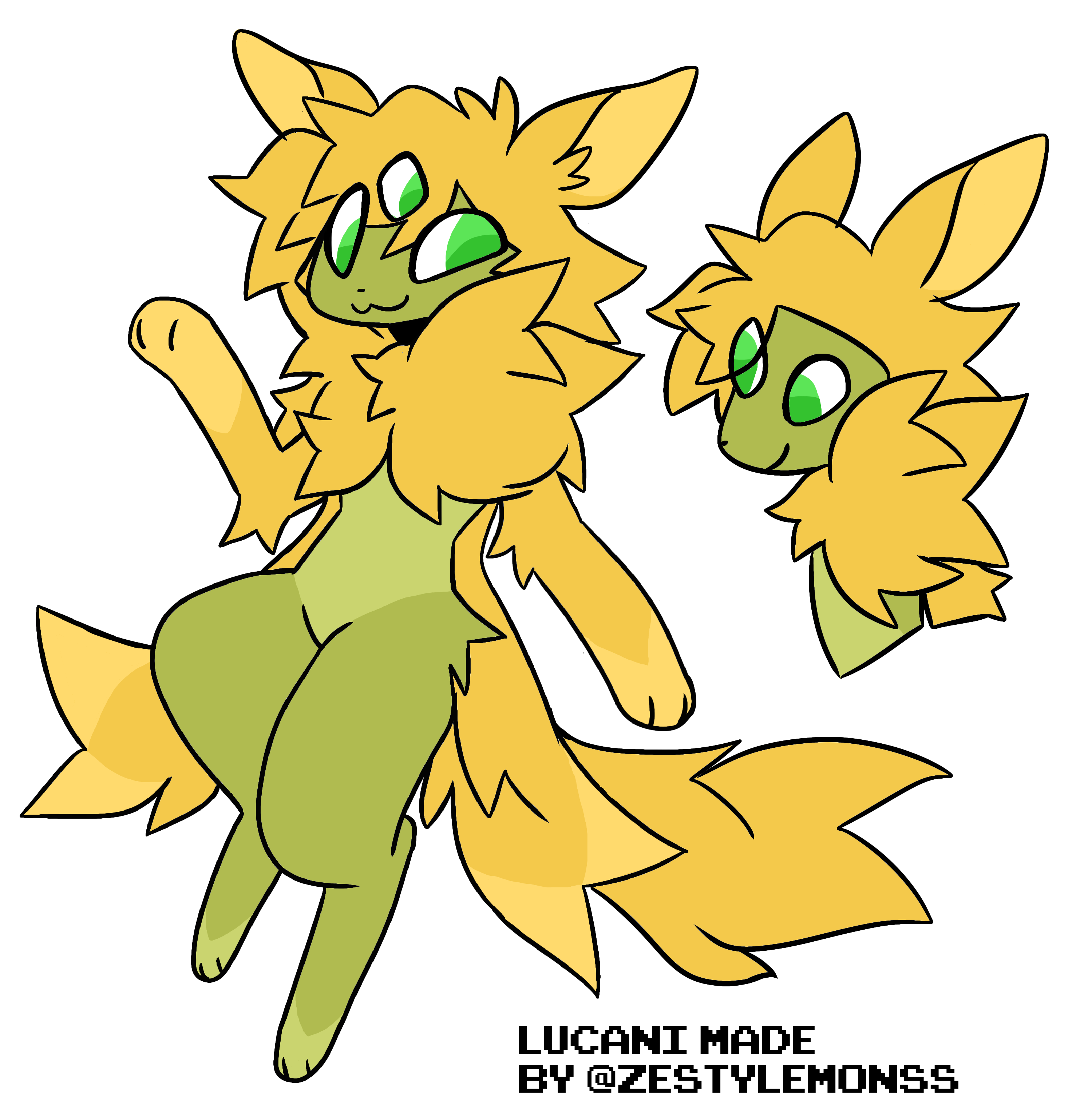 this image features a cartoon creature with a fluffy yellow tail and fur, green eyes, and a green body. it is standing on two legs and smiling. the creature is also shown in a side view, looking towards the viewer. the creature is likely fictional and may be a mythical beast. the image is drawn in a simple, childfriendly style with a black background.