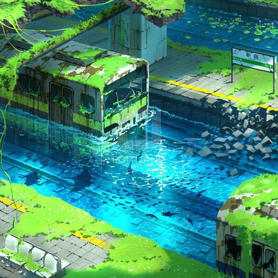 the image depicts an abandoned, flooded train station. two dilapidated train cars sit partially submerged in the clear blue water, overtaken by rust and decay.  lush green vegetation grows wild around the platform and tracks, reclaiming the space. lily pads float on the surface of the water, hinting at a sense of serenity despite the scene of urban decay.  the station is bathed in bright, natural sunlight, casting shadows that accentuate the isometric perspective. the overall atmosphere is one of tranquil abandonment and the quiet beauty of nature reclaiming its dominance.