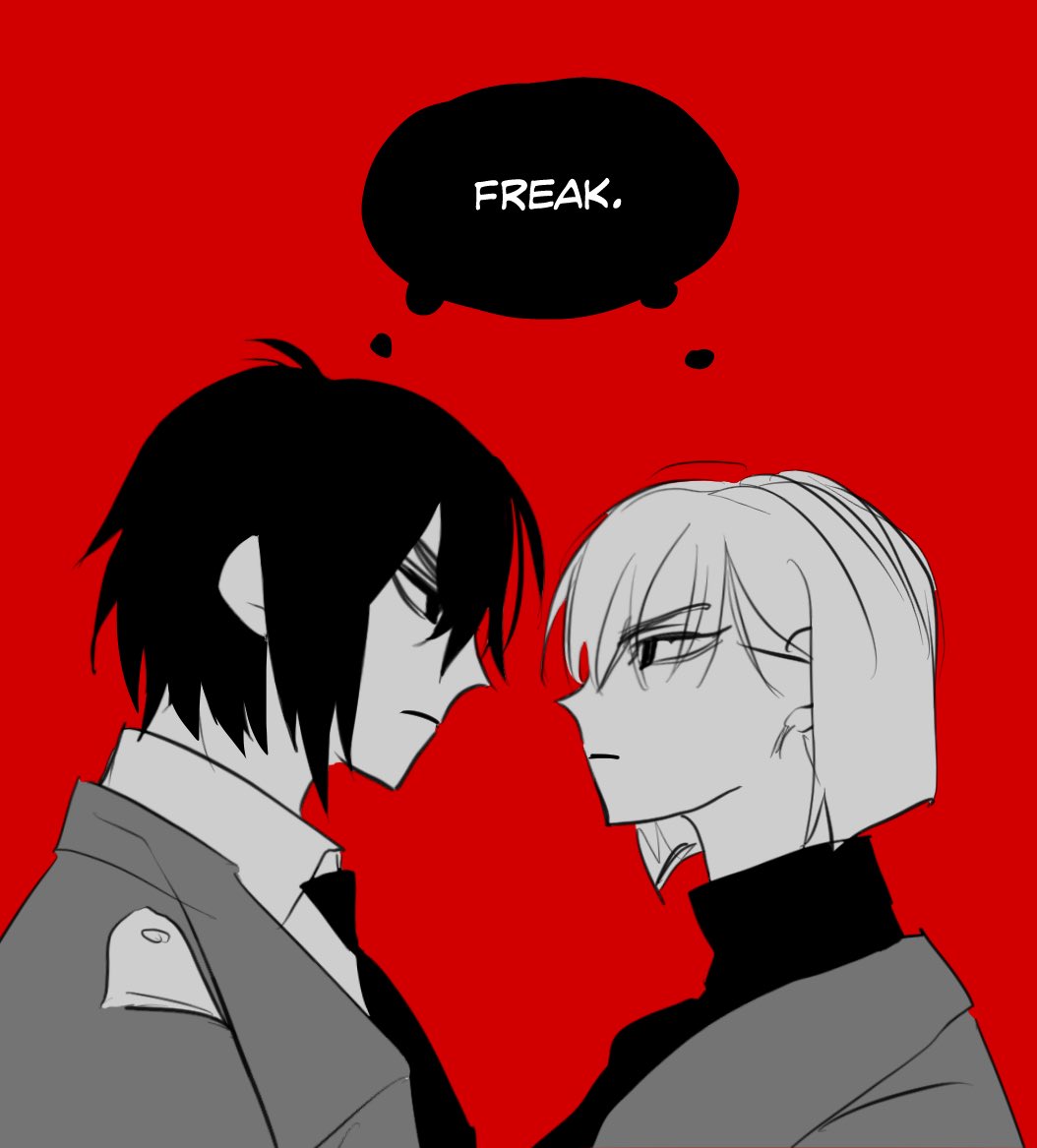 the image is a black and white drawing of two anime characters facing each other, set against a red background. the one on the left is a male character with short black hair and the other is a female character with short blonde hair. the male character is looking at the female character with an angry expression. the female character is looking at the male character with a cold, disapproving expression. there is a speech bubble above the male character's head that says "freak."  the image suggests that the characters are in an argument or have some kind of conflict.