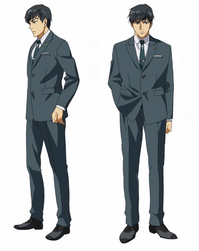 the image shows two sidebyside views of a male anime character. he is wearing a dark gray suit with a green tie and black shoes. his hair is black, and he has a serious expression on his face. he appears to be a formal character, possibly a businessman or a government official. he is standing with one hand in his pocket and the other at his side. the background is white.