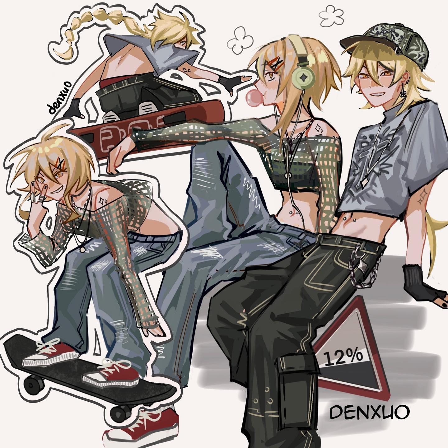 the image is a digital illustration of four anime girls. they are all dressed in casual street style clothing with an emphasis on jeans and accessories. they have a variety of poses and expressions. in the center of the image is a girl with long blond hair and a crop top, she is leaning against a traffic sign with the word "denxuo" on it. to her left, is a girl with a skateboard. and on the right side of the image is another girl with long blonde hair, a black crop top and a black, gray and white shirt. in the background is another girl, she is standing on her skateboard. the illustration is a vibrant piece of anime art that showcases the creativity of the artist.