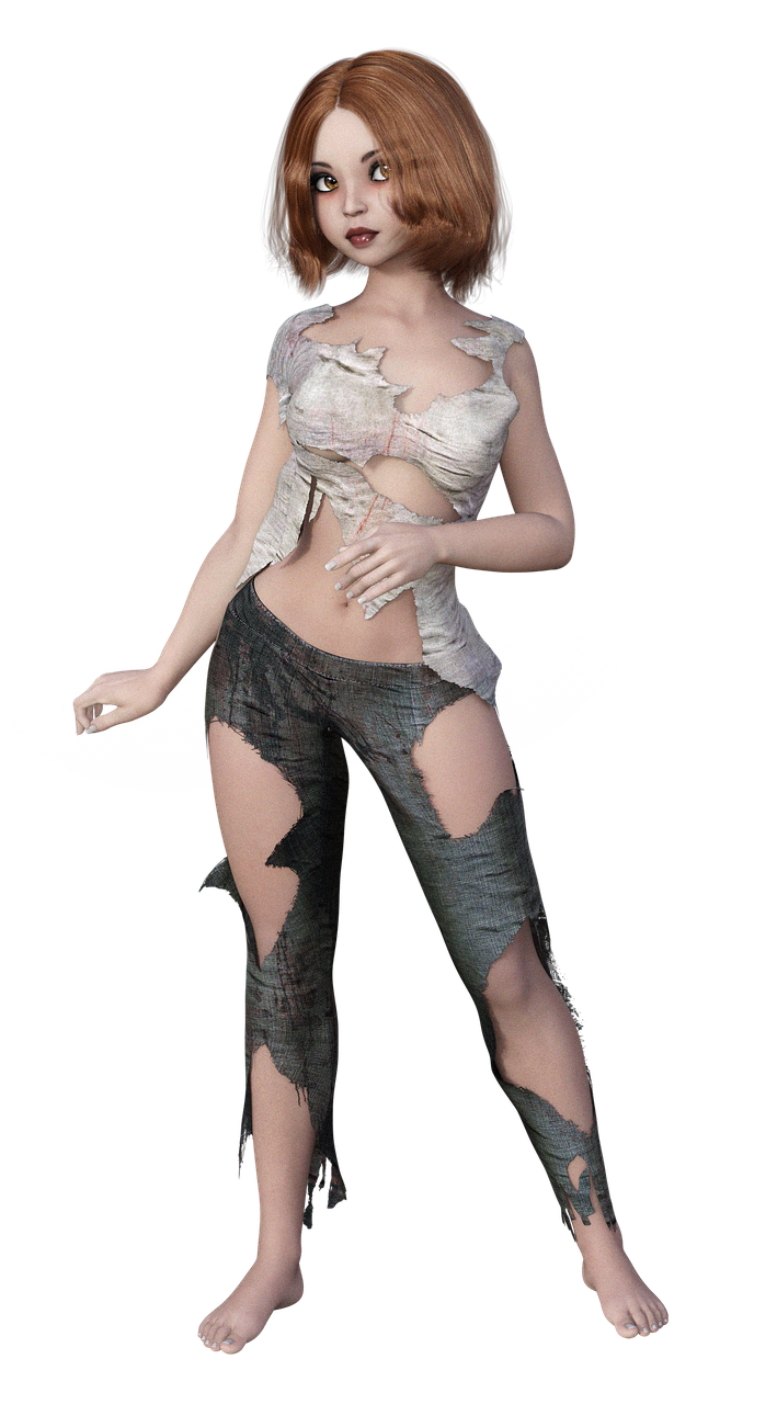 a digital art image shows a young woman with brown hair standing barefoot against a black background. she wears ragged, ripped clothes. the image is a full shot render of a fantasy character.