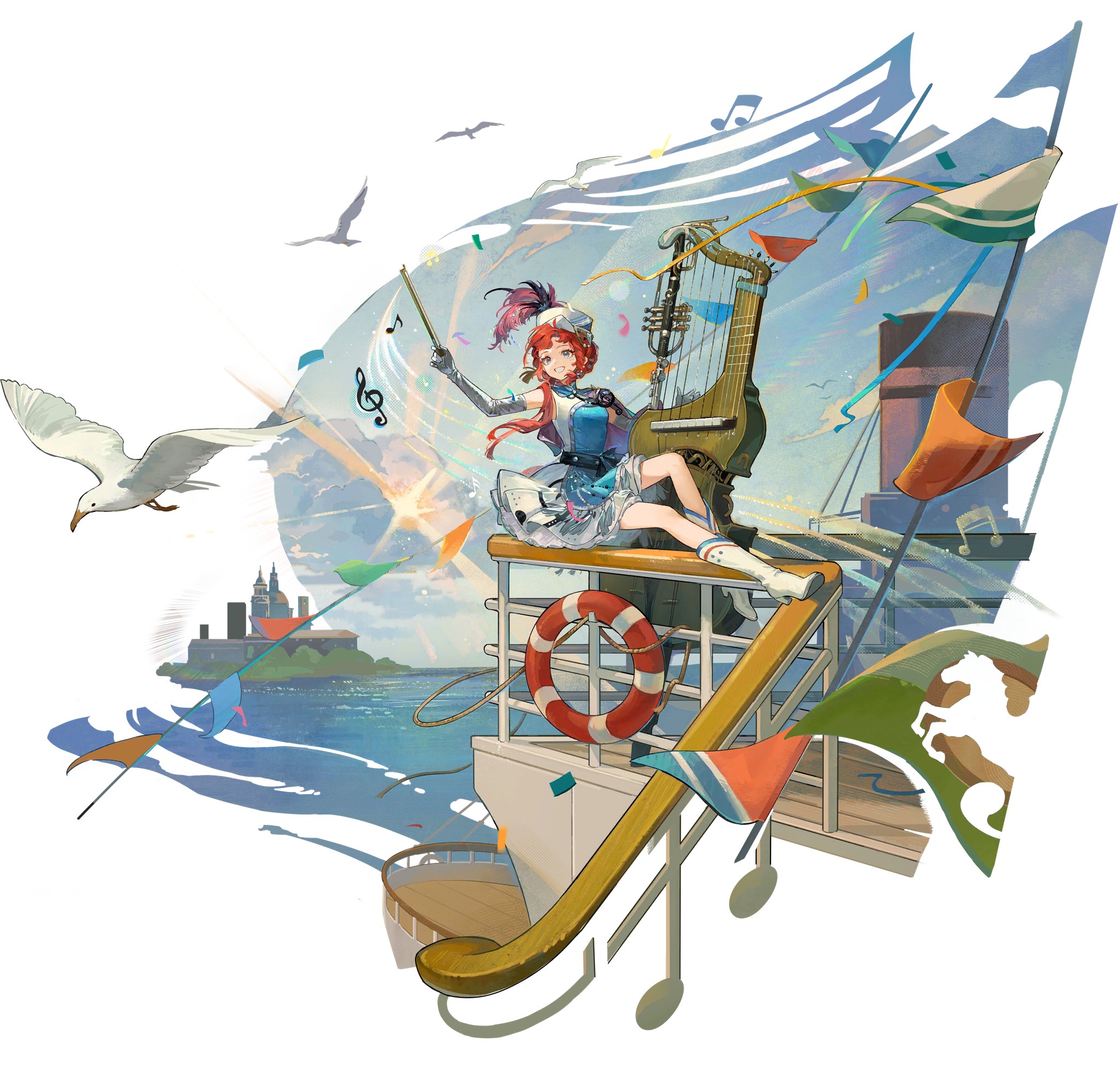 the illustration depicts an animestyle girl with vibrant red hair and a white hat, dressed in a light blue and white dress. she is seated on the railing of a ship, holding a conductor's baton and appearing to conduct a harp which sits beside her. the ship sails on a calm ocean with a seagull flying nearby. the background includes musical notes and festive flags, creating a whimsical and celebratory atmosphere. the overall style is vibrant, expressive, and filled with fantastical elements. the art is detailed, with clear linework and vivid colors, showing a clear attention to detail.