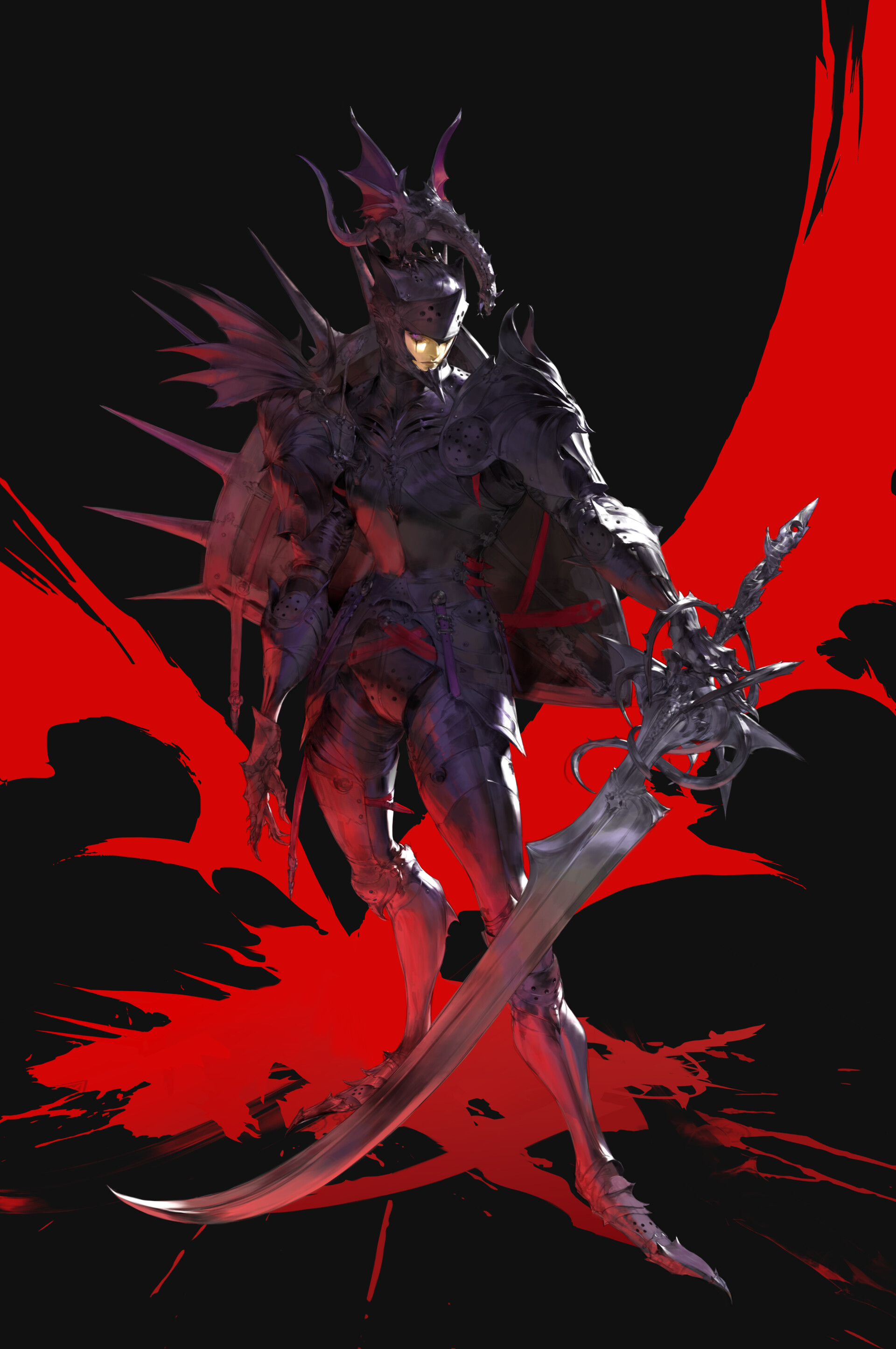 a formidable knight clad in spiky black armor stands against a backdrop of red splatters, evoking a sense of power and bloodshed.  the knight's helmet resembles a dragon's skull, with horns curving upwards.  a long, menacing sword with intricate detailing rests in the knight's hand. the overall aesthetic is dark and fantastical.