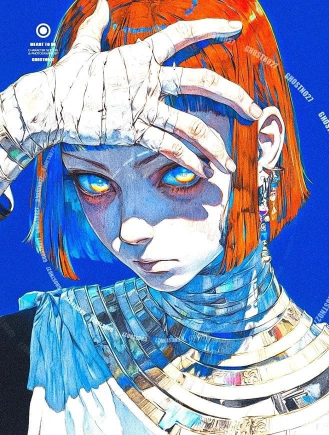 the image is a striking digital illustration of a female character, possibly anime or manga inspired, styled in a cyberpunk or futuristic aesthetic.  she has bright orange, short bobbed hair and intense blue eyes.  her hand, wrapped in white bandages, is raised to her forehead, partially obscuring her face. she's adorned with a large, intricate, multilayered collar or necklace with a metallic and geometric design in gold and blue tones, complementing the overall color scheme. the background is a solid, vibrant blue, enhancing the character's features and the vibrancy of the artwork. the style is highly stylized, with sharp lines and a blend of realistic and painterly techniques. the artist's signature or watermark "ghostno27" and "lzonsong" is visible multiple times within the artwork.  the image has a strong sense of atmosphere and mood, hinting at a story or narrative beyond the visual.