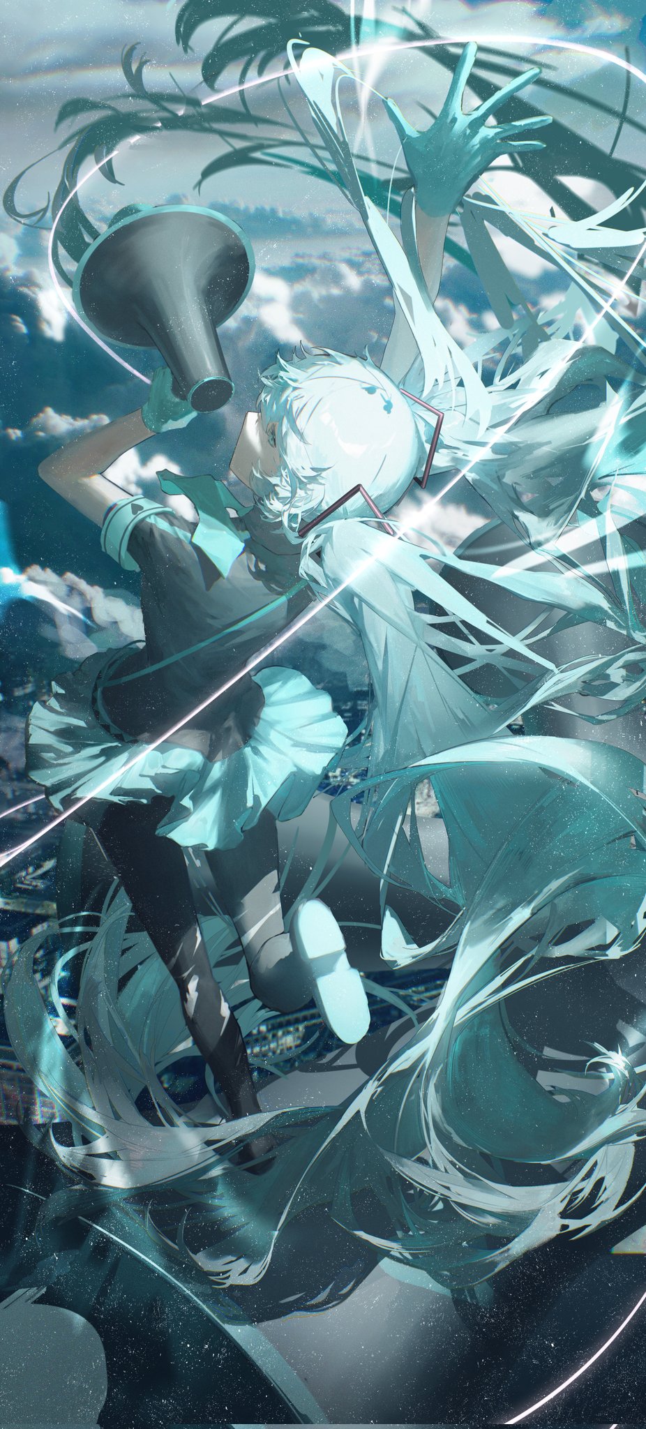 the image is a vibrant digital painting of an anime girl with long, flowing teal hair. she is holding a megaphone and appears to be caught in a powerful gust of wind, with her hair and clothing billowing around her. the background is a mix of sky and city elements, giving a sense of dynamic movement and energy.  the color palette is predominantly teal and blue, creating a cool and ethereal mood. the style is highly stylized and expressive, with emphasis on movement and emotional intensity. the girl's expression is somewhat obscured by the wind and her pose, adding a sense of mystery. the overall atmosphere is dynamic, surreal, and fantastical.