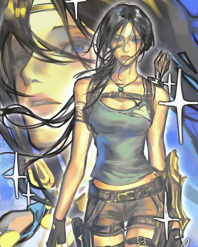 the image is a digital artwork of lara croft from the tomb raider franchise. she is depicted as a confident and athletic woman wearing her signature outfit: a tank top, shorts, and pistol. she also has a necklace. there is a background with a faded image of her face and star shapes.
