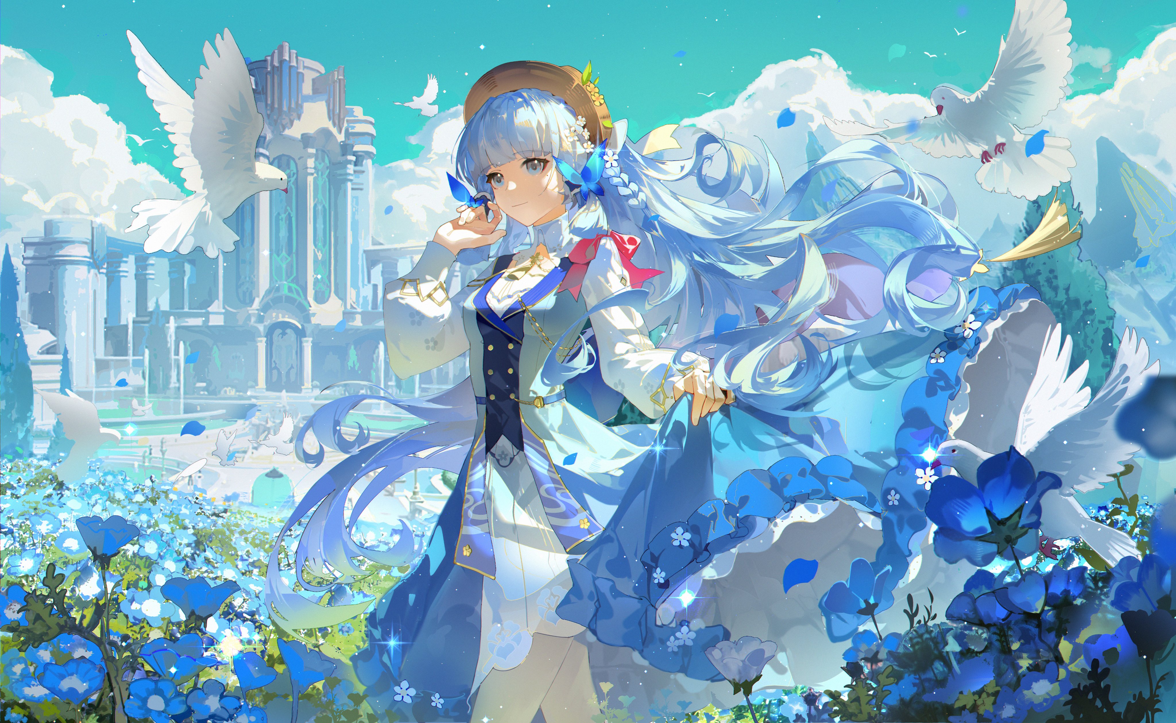 the image is a digital painting of a beautiful anime girl with long, flowing blue hair. she is wearing a light blue and white dress and is surrounded by a field of blue flowers.  several white doves fly around her.  in the background, a large, light blue palacelike structure is partially visible. the overall style is ethereal and serene, with soft pastel colors and a dreamlike quality.  the artist's style is highly detailed and expressive, particularly in the way the hair and dress flow. the scene evokes feelings of peace, magic and beauty.