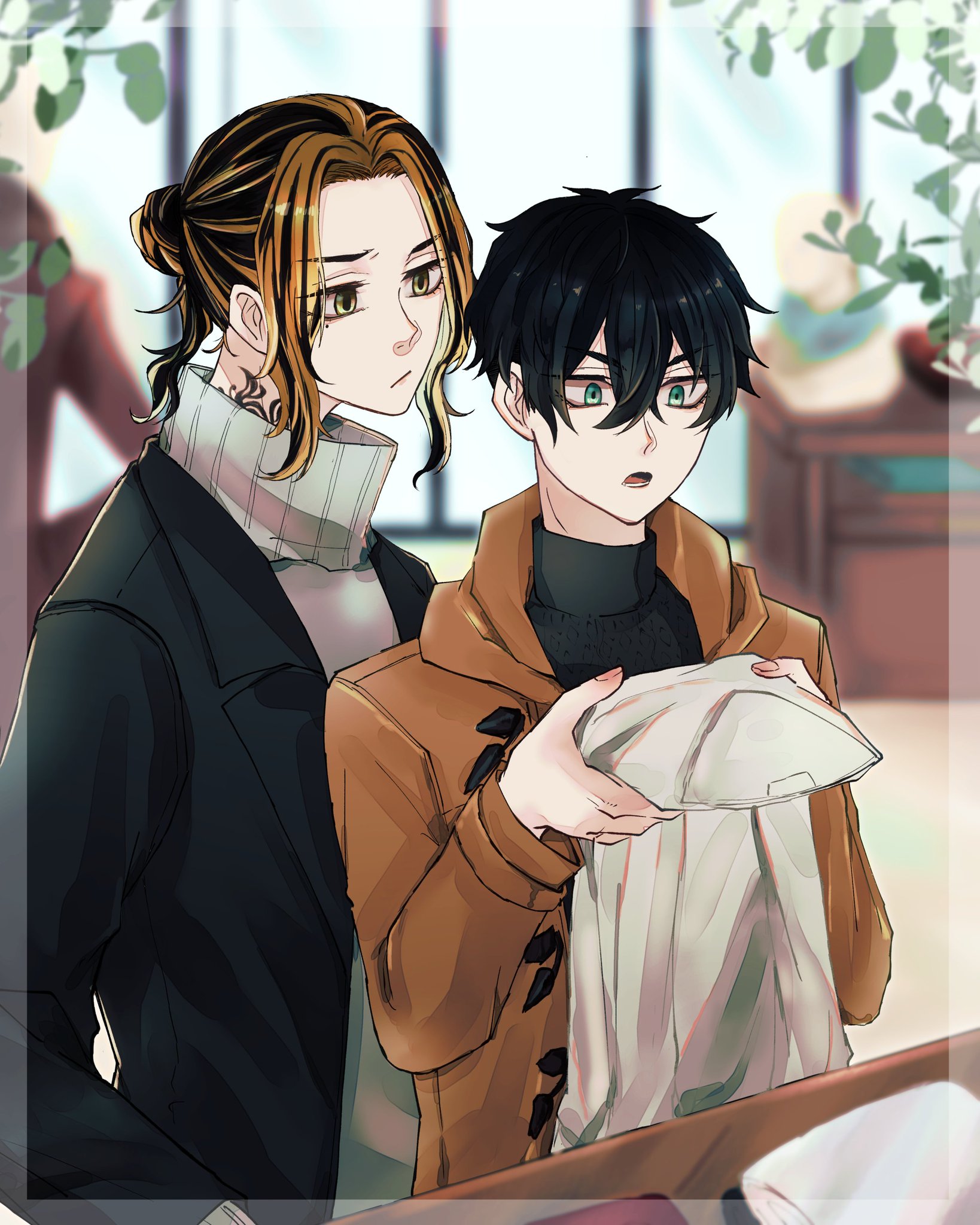 two anime boys are in a clothing store shopping for new clothes. one boy is wearing a black coat and the other is wearing a brown jacket. the boy in the black coat is holding a white piece of clothing and smiling at his friend. the friend seems interested in what the boy is holding and is looking at him with a smile.  the boys are looking at each other and seem to be enjoying their shopping trip together.