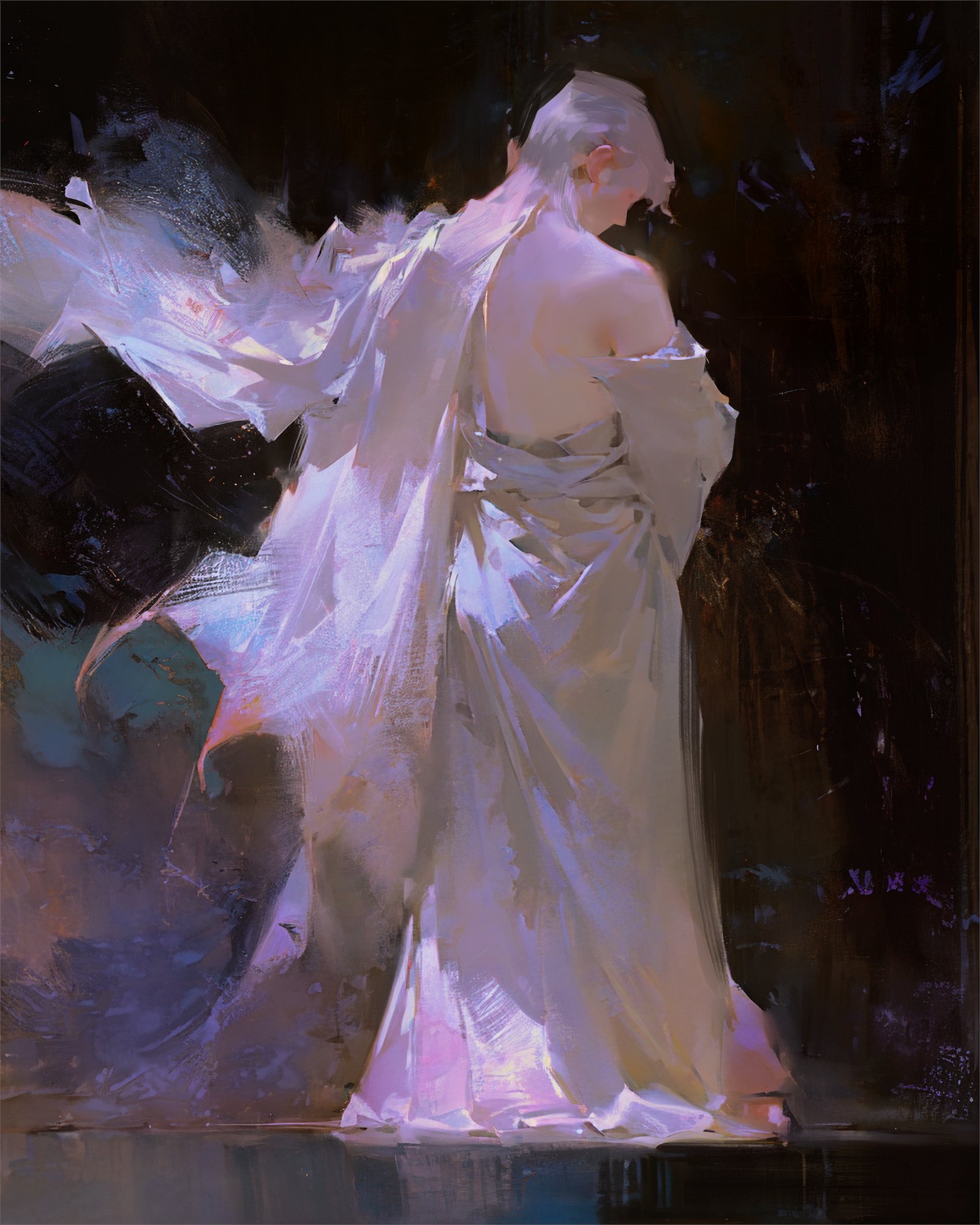 a digital painting depicting a woman in a flowing white dress with long hair. the painting is done in a soft, dreamy style with a dark background and dramatic lighting. the woman's face is obscured by the flow of her hair and dress, creating an ethereal and mysterious atmosphere.  the overall impression is one of fantasy and whimsy.