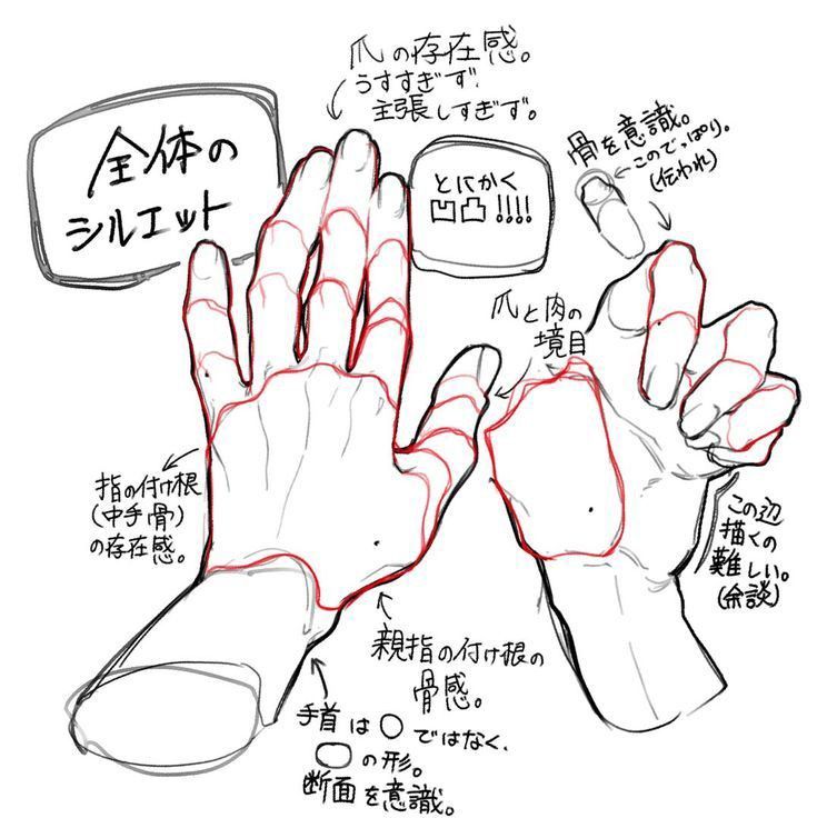 he image is an art tutorial focusing on how to draw hands in an anime/manga style. it shows a detailed breakdown of hand anatomy, including the bone structure, muscle structure, and the way tendons and knuckles create the overall form.  there are two main examples of hands, one showing the overall silhouette and the other focusing on specific details like the subtle curves and the way the bones and muscles interact.  japanese text annotates different aspects of the hand's structure, offering guidance on achieving a realistic yet stylized look.  the tutorial emphasizes the importance of understanding underlying anatomy to create convincing hand drawings.