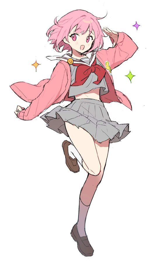 a cartoon anime girl with pink hair, wearing a pink jacket, white shirt, and grey skirt, is smiling and jumping in the air. the girl has a red bow around her neck, white socks and black shoes. the girl is surrounded by small stars. the girl is cute and happy.