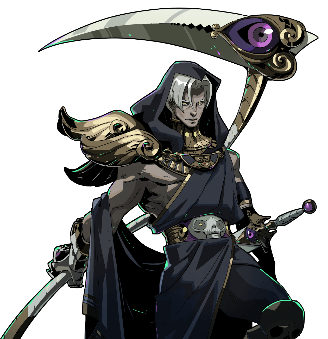 a digital illustration of hades, the god of the underworld from the game hades.  he is a tall, muscular man with gray hair and a beard. he is wearing a dark robe and golden armor, and he has a dark expression on his face. in his right hand, he holds a scythe, and in his left, a sword. he is looking to his left, with his right foot placed forward, standing in a battle stance. the background of the image is white.