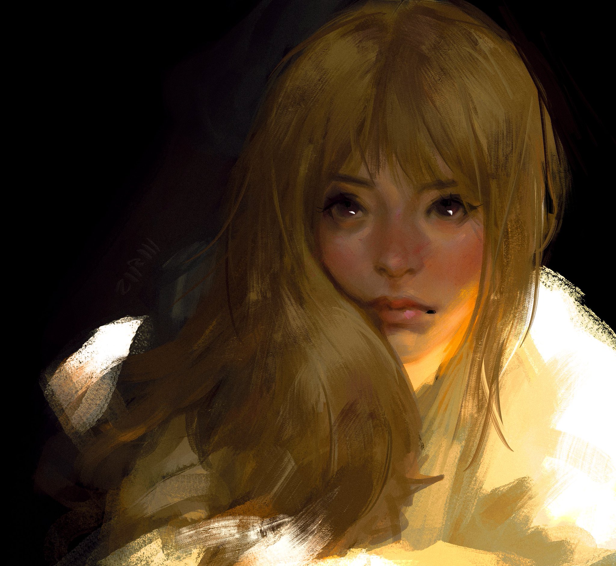 the image is a digital painting of a young woman with long, blonde hair that partially obscures her face.  the style is painterly and impressionistic, with visible brushstrokes and a soft, warm color palette dominated by yellows and golds.  the light is soft and seems to be coming from the lower right, illuminating parts of her face and hair. her expression is somewhat pensive or melancholic. the background is dark and indistinct, drawing focus to the woman's face. the overall mood is dreamy and slightly mysterious.