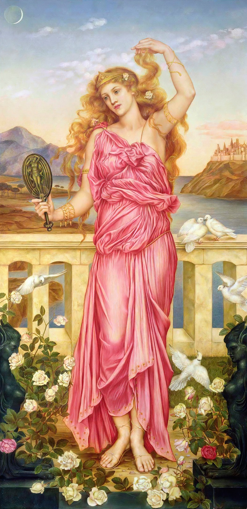 a painting by evelyn de morgan titled "helen of troy" depicts a woman with long blonde hair and a pink dress standing on a balcony. she is holding a mirror and looking at herself. there are flowers and doves on the balcony, as well as two statues. in the background, there is a cityscape, the sea, and mountains. a crescent moon is visible in the sky.