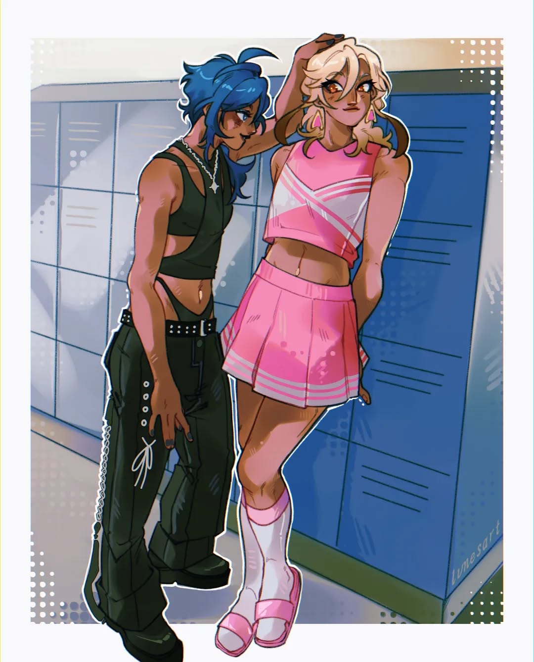 the image is a vibrant digital fanart depicting two teenage girls standing in a school hallway next to lockers.  one girl is dressed in dark gothinspired clothing: black pants with buckles and chains, a dark top, and dark boots. she has bright blue hair. the other girl is dressed in a bright pink cheerleader outfit, with blonde hair, and wears pastel pink sandals.  the girls are positioned closely together, suggesting a friendly interaction or possibly a contrasting friendship dynamic. the art style is expressive and detailed, with a focus on fashion and character design. the overall tone is cheerful and playful.