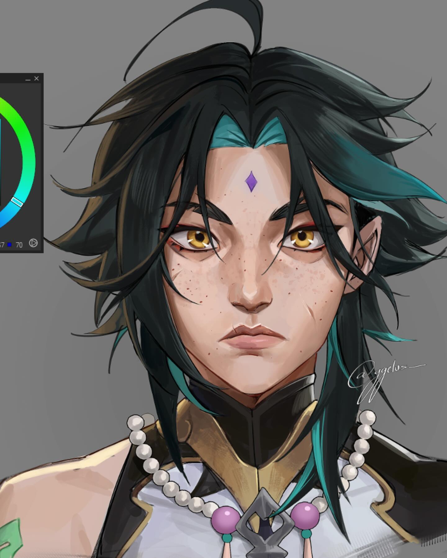 the image is a closeup digital painting of a stylized character, possibly inspired by anime or game art styles like genshin impact. the character has long, dark hair with teal highlights,  freckles, and piercing golden eyes. they're wearing elaborate, elegant clothing with asianinspired elements, and a pearl necklace with unique pendants.  a color picker tool is visible in the upper left corner, suggesting a workinprogress or a demonstration of the artist's process. the character's expression is serious and contemplative. the overall style is realistic yet stylized, with a focus on detailed textures and lighting.