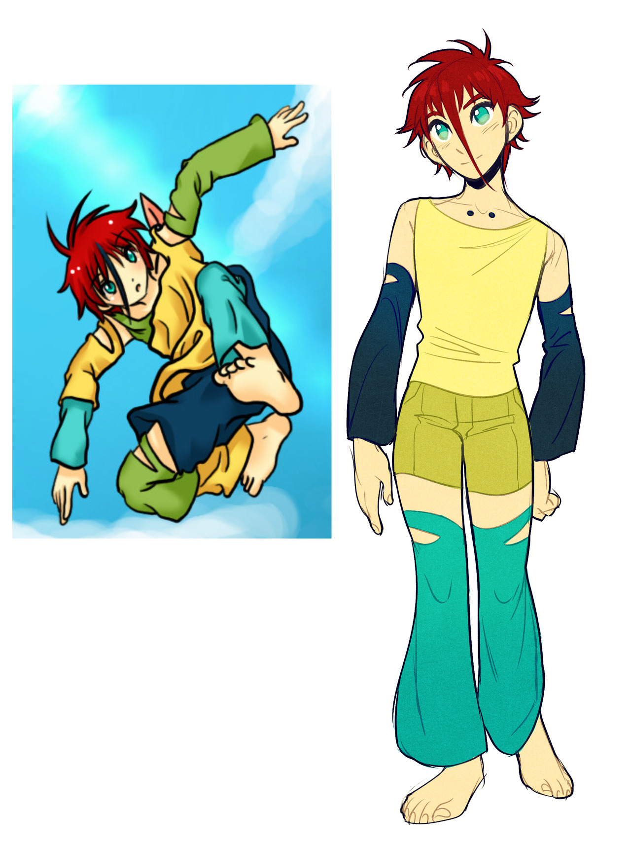 a character design sheet depicting a young, elflike male character with bright red hair and green eyes.  he is dressed in a yellow sleeveless shirt, teal arm warmers, green shorts over teal leggings, all with various tears and rips. the character is posed dynamically leaping in the left image and standing in the right, set against a simple sky blue background.