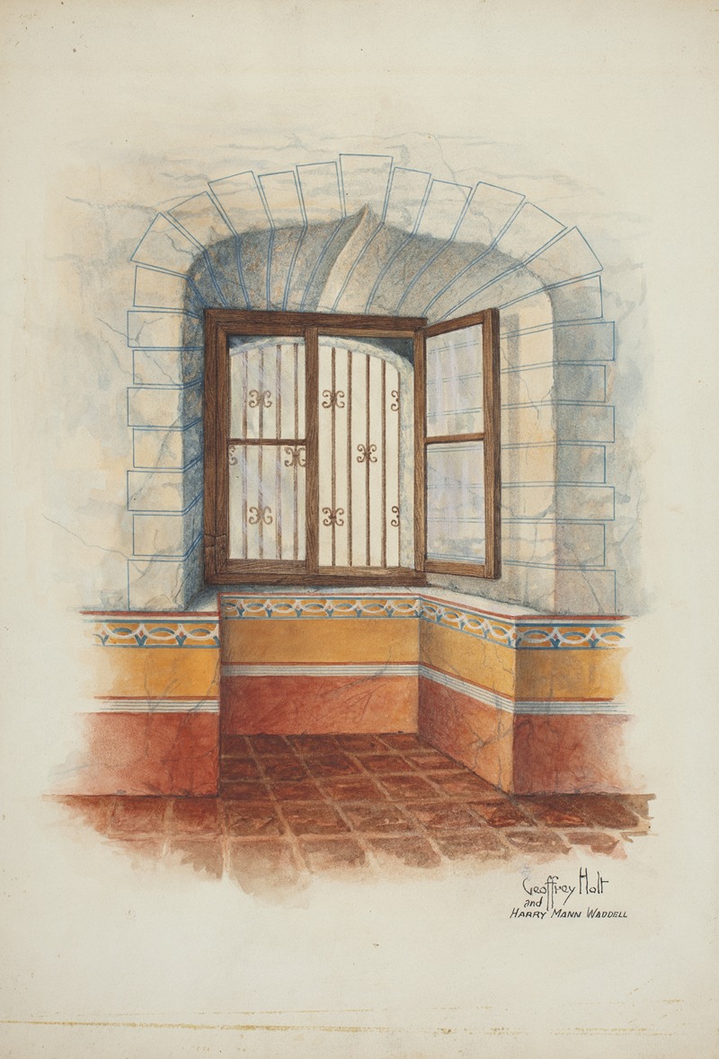 a watercolor illustration by geoffrey holt and harry mann waddell depicting a window with bars set in an arched wall. the window is partly open. the wall is constructed with stones, and the interior walls and floor are adorned with patterned tiles in yellow, red, and white.