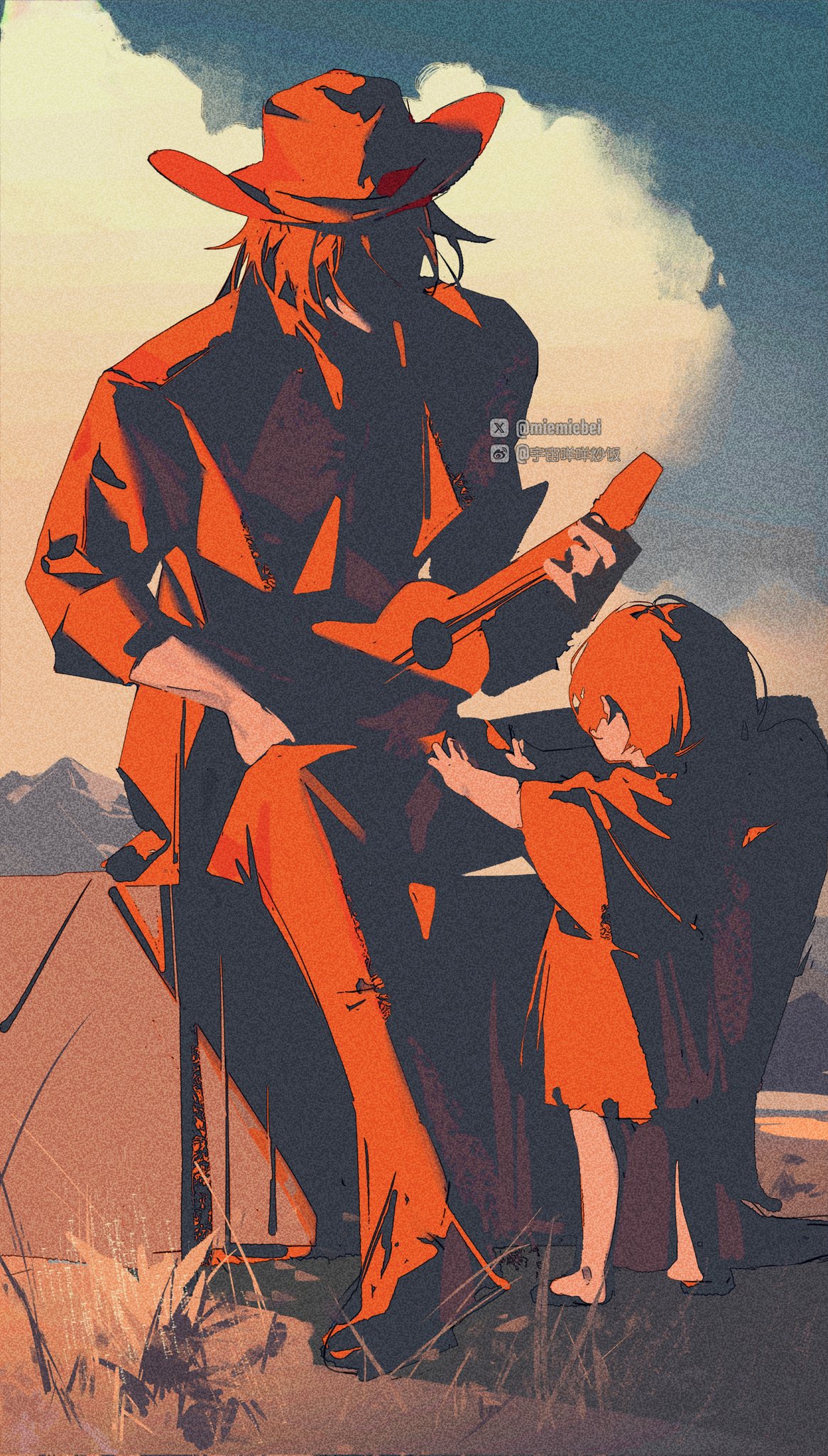 a painting of a man in a cowboy hat playing a guitar for a little girl. the man is silhouetted against a sunset, and the little girl is looking up at him. the painting is done in a painterly style, with loose brushstrokes and a lot of color.