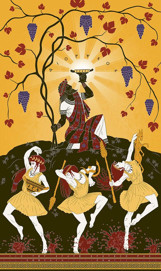 the image is a stylized illustration depicting dionysus, the greek god of wine, at the center. he is a darkskinned figure with a beard, wearing a robe and holding a golden bowl aloft. he's positioned beneath a grapevine laden with bunches of grapes, which are prominently featured, emphasizing dionysus' role as the god of wine.  sunlight radiates around him. below, three maenads (female followers of dionysus) are dancing exuberantly, their movements dynamic and full of energy. one of them holds a thyrsus (a staff associated with dionysus), while another holds a bowl. a satyr (a mythological creature, halfman, halfgoat) is also shown behind one of the women.  the entire scene is set against a dark green background, framed by a golden border with a greek key pattern. the style strongly evokes ancient greek vase painting, with bold colors and clean lines. the overall feel is celebratory and joyful, indicative of dionysian revelry and the harvest of grapes.