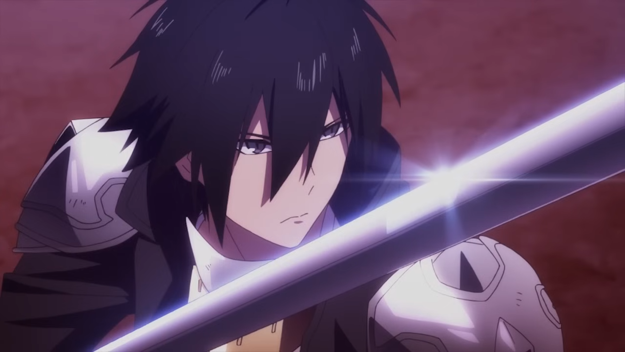 a young man with dark hair and sharp eyes, possibly an anime character, is captured in a closeup shot, intensely focused on something offscreen. he holds a gleaming sword that cuts across his chest, its polished surface reflecting a bright light source, hinting at an imminent battle. the warm, dramatic lighting and his determined expression amplify the sense of action and adventure.