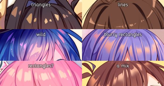the image is a digital art tutorial focusing on different ways to draw anime hair. it showcases six distinct styles, each highlighted within a square frame and labeled with a descriptive term: "triangles," "lines," "wild," "blurry rectangles," "rectangles?", and "a mix." each style demonstrates varying levels of detail, strand definition, and shape language, offering artists diverse approaches to depict hair in their illustrations. the overall palette leans towards pastel pinks, purples, and browns, contributing to the soft and approachable aesthetic of the tutorial.