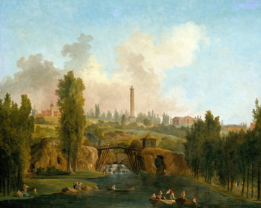 a painting depicts a serene park landscape with a lake in the foreground. several people are boating on the lake, while others are gathered on the shore. a bridge spans a waterfall flowing from a rocky hill. a tall column stands in the distance, surrounded by trees and greenery. various buildings and structures are visible on the hills. the sky is filled with clouds, contributing to the overall peaceful atmosphere of the scene.