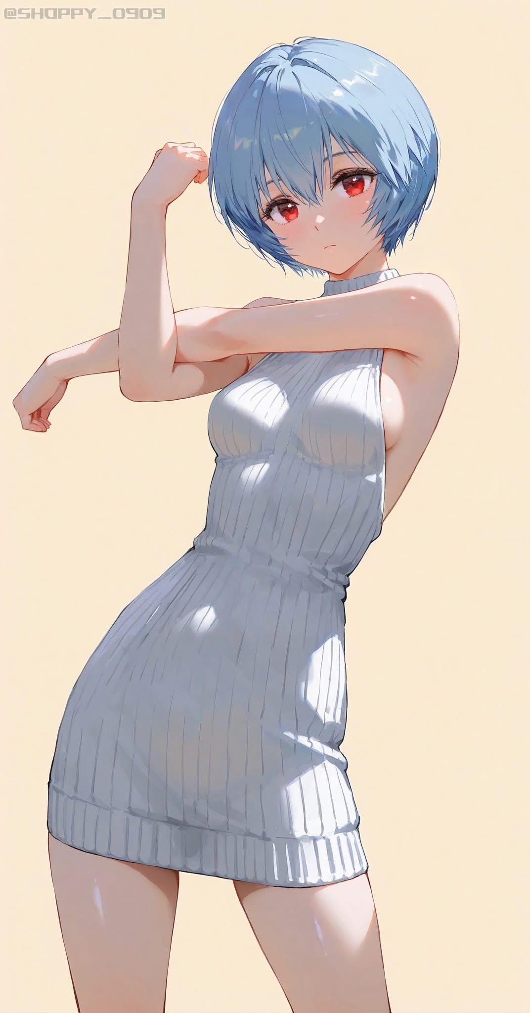a digital drawing of a lightskinned anime girl with short blue hair, red eyes, and wearing a white halter dress, posed with one arm raised.