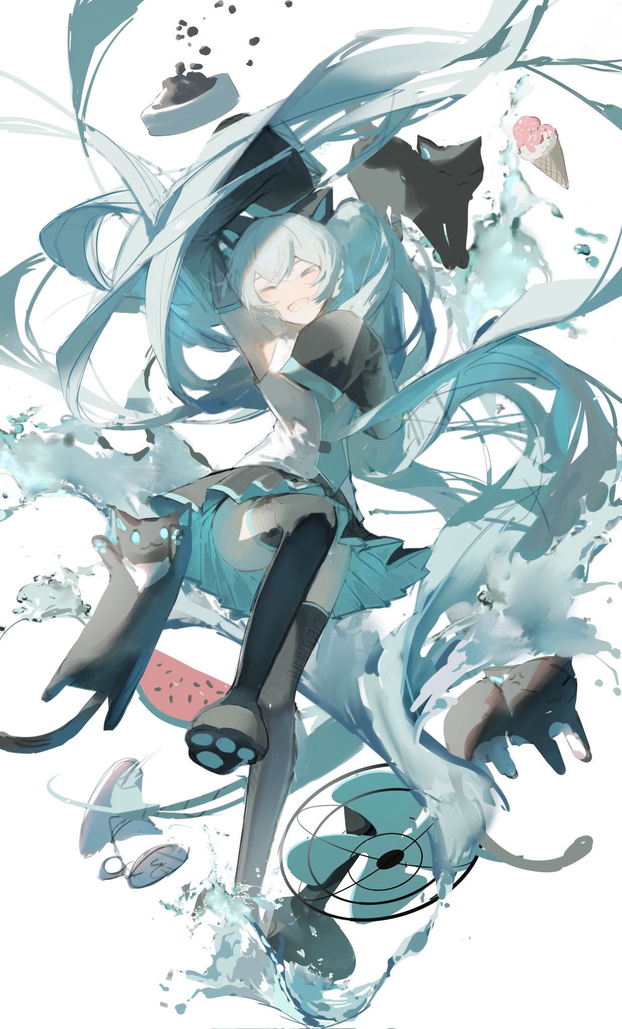 the image is a vibrant digital painting or illustration featuring hatsune miku, a popular vocaloid character.  she's depicted in a dynamic pose, seemingly leaping or dancing amidst a splash of turquoise water.  miku is surrounded by various objects including cats, a watermelon slice, an ice cream cone, a fan, and other miscellaneous items. her long, teal hair flows wildly, adding to the energetic and playful feel of the piece. the overall style is colorful, expressive, and highly stylized.