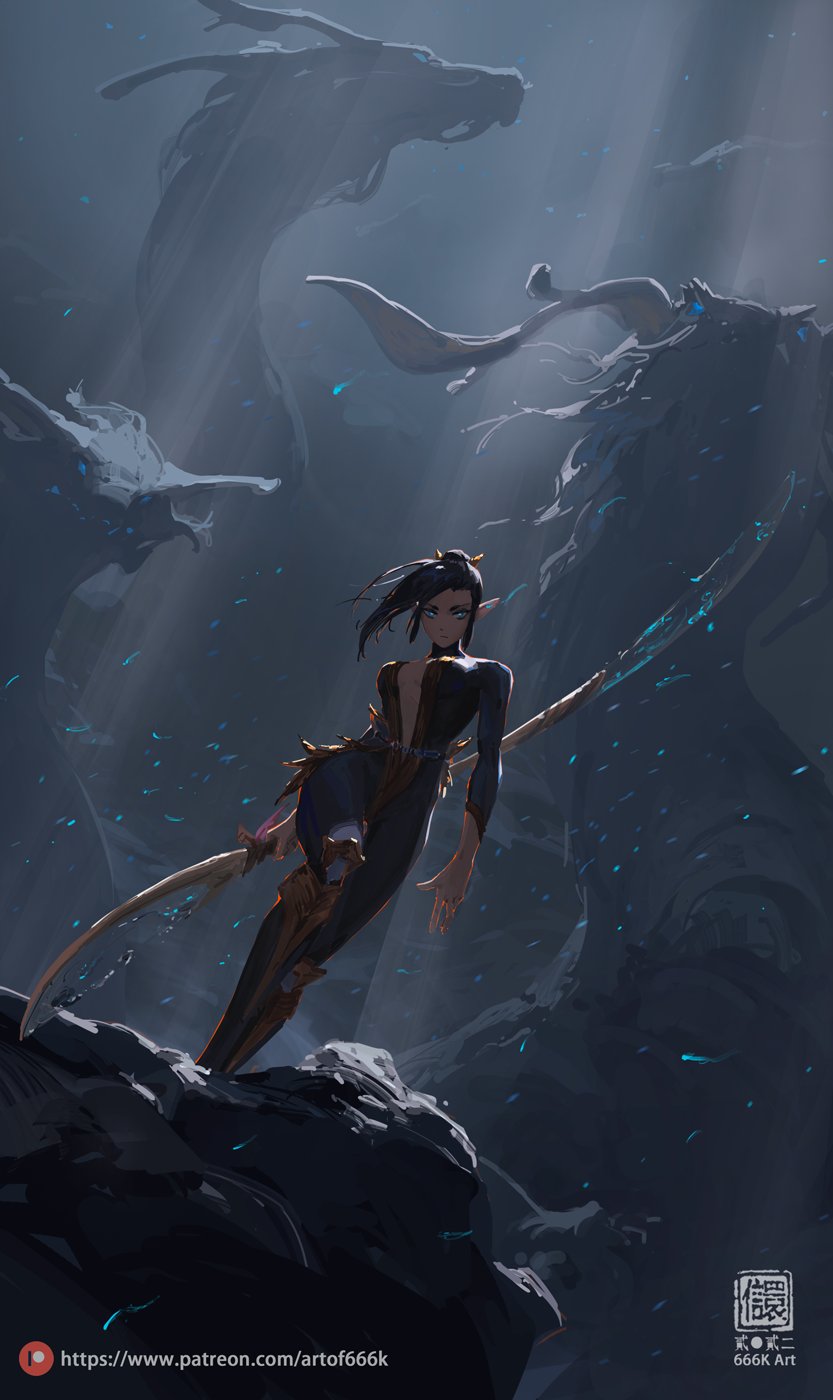 he image is a digital painting depicting a dark elf female warrior standing amidst three large, imposing dragons.  the elf, clad in dark armor with gold accents, holds a long spear. the dragons are dark grey and appear ancient and powerful, with hints of blue light particles floating around them. the overall atmosphere is dark, mysterious, and cinematic, suggesting a powerful and potentially dangerous scene within a fantasy setting. the style is highly detailed with a focus on mood and atmosphere.  a watermark with the artist's name and patreon link is visible in the bottom left corner.