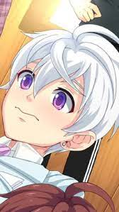 a digital illustration of a young animestyle boy with white hair and large purple eyes. he has a gentle smile on his face and a light blush. he is wearing a white shirt with a purple tie. the background is a simple yellow and brown pattern. the image is brightly lit and has a closeup perspective, focusing on the boy's face and upper body.