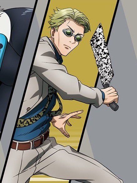 he image features a young man in a dynamic fighting pose. he is stylishly dressed in a white suit and sunglasses, and he wields an unusual weapon resembling an umbrella with a dotted pattern. the background is a bold yellow and black graphic design, highlighting the character's stance and the unique weapon. the image seems to be from an anime or manga, suggesting an actionpacked scene.