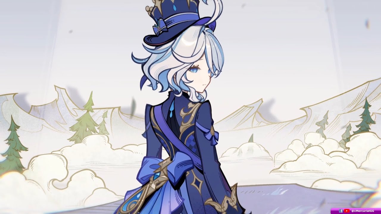 a digital illustration of a female character from the video game genshin impact. she is wearing a blue dress, a hat with a bow, and is standing against a backdrop of mountains and clouds. the character is facing away from the viewer, and their hair is white. the character's outfit is adorned with intricate details and golden accents. the background is a light pastel color, with fluffy white clouds. the overall image is styled in the anime art style and is brightly colored and vibrant.