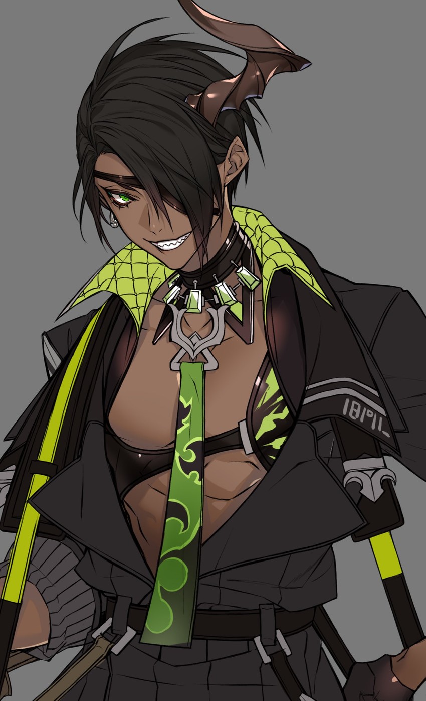 the image showcases a stylish animestyle male character with a single, prominent horn, indicating demonic lineage. he exudes a confident and slightly mischievous aura with a playful smirk. his attire is a striking blend of black and neon green, featuring an open jacket revealing his toned physique adorned with intricate jewelry. his fashion sense leans towards edgy and trendy, highlighted by the unique accessories and bold color choices.  the soft lighting accentuates his features and adds a sense of depth to the portrait.