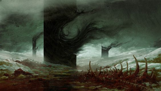 a digitally painted scene of a dark, ominous landscape. the foreground is covered in fog, which obscures the details of the environment. the sky is a dark grey, and the only light source is a faint glow emanating from a tall, black tower in the distance. the tower is surrounded by dark trees, which are all bare and skeletal. the scene gives a sense of unease and mystery.